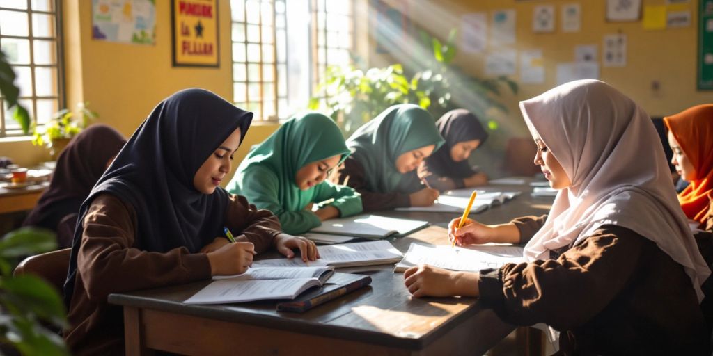 Kelas cerah dengan siswa belajar dan berkolaborasi.